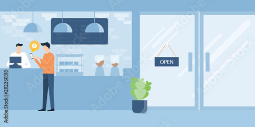 flat vector a man use mobile payment in cafe and design for mobile wallet concept 