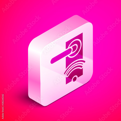 Isometric Digital door lock with wireless technology for unlock icon isolated on pink background. Door handle sign. Security smart home. Silver square button. Vector Illustration