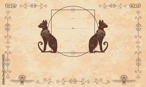 Ancient Egypt background.  Black cats and sacred scarab. Egyptian frame template. Old paper vector. Travel and History art