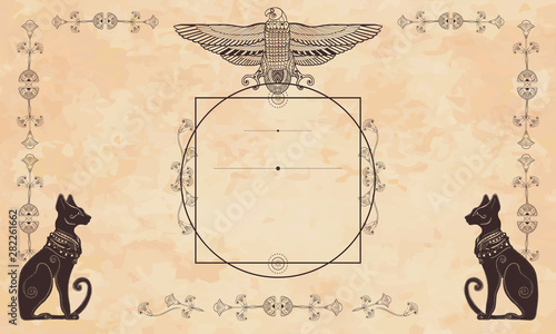 Ancient Egypt background.  Black cats and falcon god Horus. Egyptian frame template. Old papyrus vector
