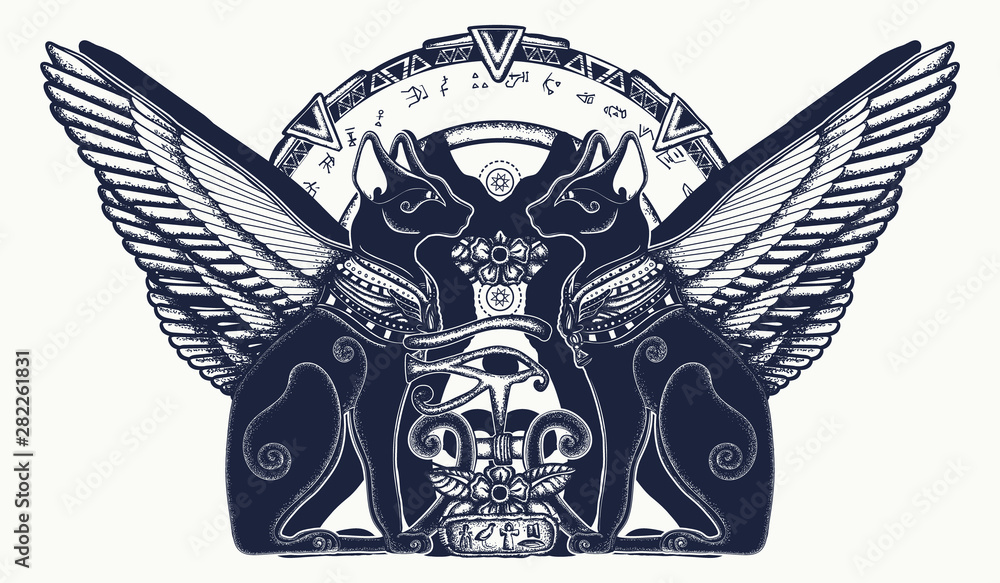 Ancient Egypt tattoo. Two winged black cats, sacred eye of god Horus and  star gate. Egyptian art, occult t-shirt design Stock Vector | Adobe Stock