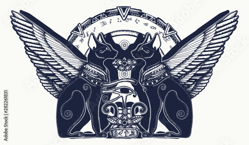 Ancient Egypt tattoo. Two winged black cats, sacred eye of god Horus and star gate. Egyptian art, occult t-shirt design