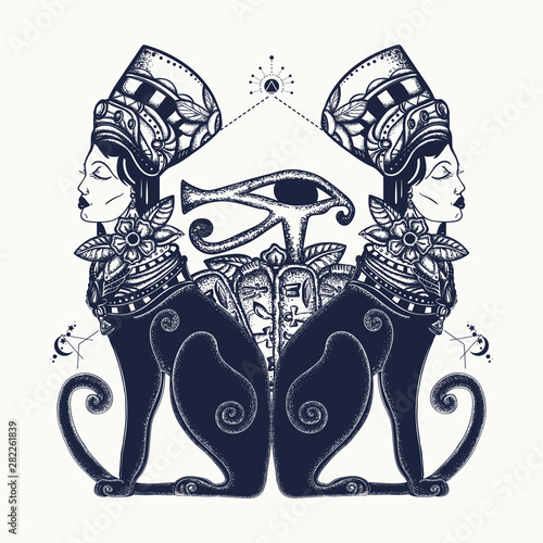 Ancient Egypt tattoo. Two black woman cats and sacred eye of god Horus. Egyptian art. Goddess. Queen Nefertiti. Princess Cleopatra. T-shirt design