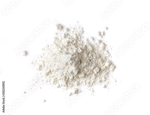 Pile of flour isolated on white background. Top view