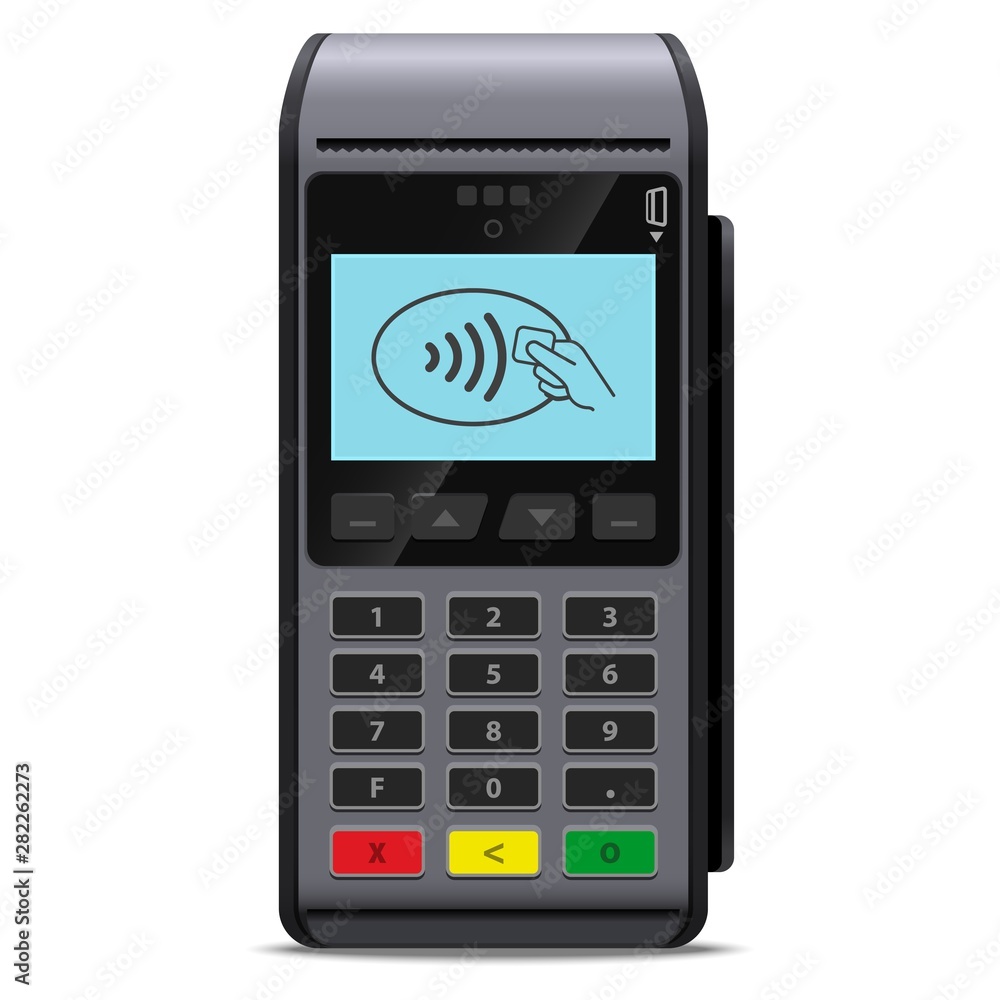 POS terminal or Payment terminal wireless realistic style vector icon  concept of contactless payments for purchases in the store isolated. Mobile  phone nfc or credit card cashless payment method. Stock イラスト