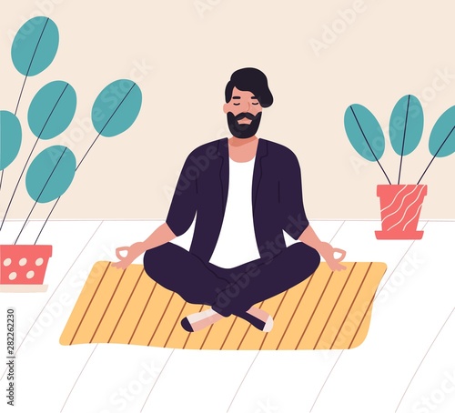 Bearded man sitting with his legs crossed on floor and meditating. Young man in yoga posture doing meditation, mindfulness practice, spiritual discipline at home. Flat cartoon vector illustration.