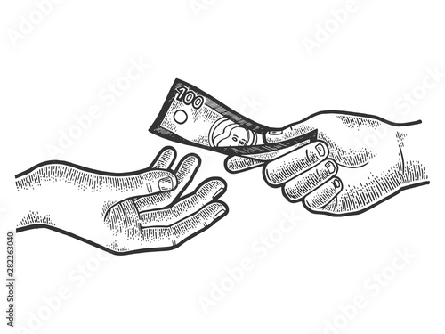 Hand gives dollar money sketch engraving vector illustration. Scratch board style imitation. Black and white hand drawn image.