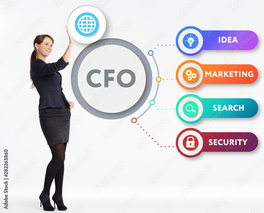 The concept of business, technology, the Internet and the network. A young entrepreneur working on a virtual screen of the future and sees the inscription: CFO The concept of business, technology, the Internet and the network. A young entrepreneur working on a virtual screen of the future and sees the inscription: CFO