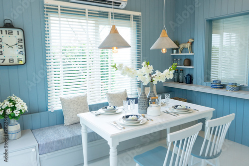 Photography cozy beach blue dining room at home