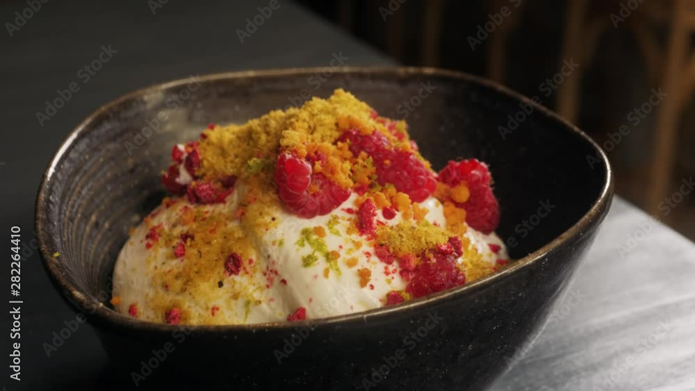 Sweet summer dessert. Ice cream in glass bowl with fresh strawberries, fruits and muffins. Sweet summer dessert. Ice cream in glass bowl with fresh strawberries, fruits and muffins.