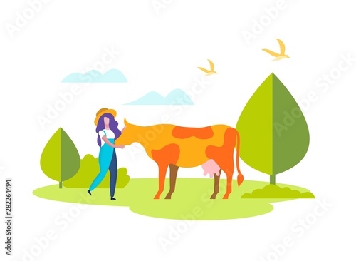 Woman in Overalls Caress Cow on Field, Farming