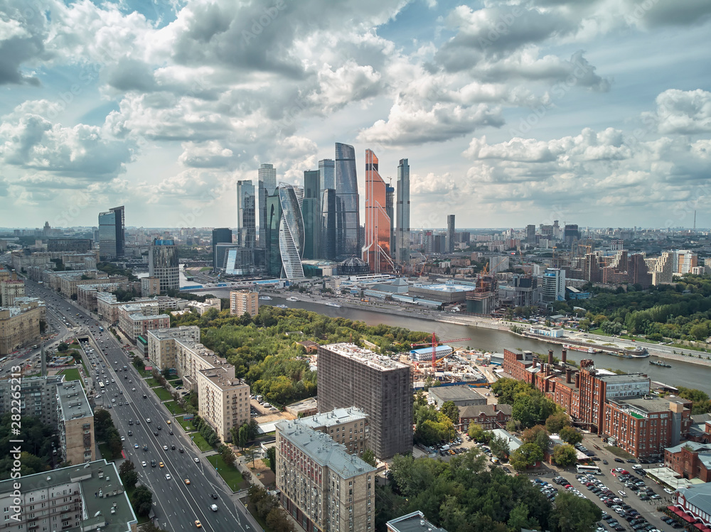 Landscape of Moscow architecture combining modern and old city, Russia. Outdoor modern Moscow city skyscrapers. Aerial