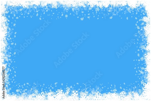 Merry Christmas Happy New Year border with white snowflakes winter background
