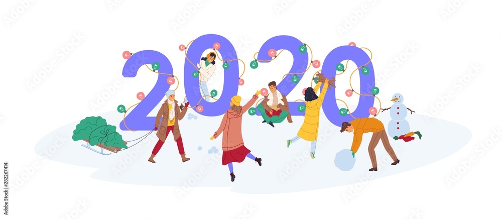 Fototapeta premium Group of cute happy tiny people celebrating New Year, carrying spruce tree and making snowman near giant 2020 number decorated by festive light bulb garland. Holiday flat cartoon vector illustration.