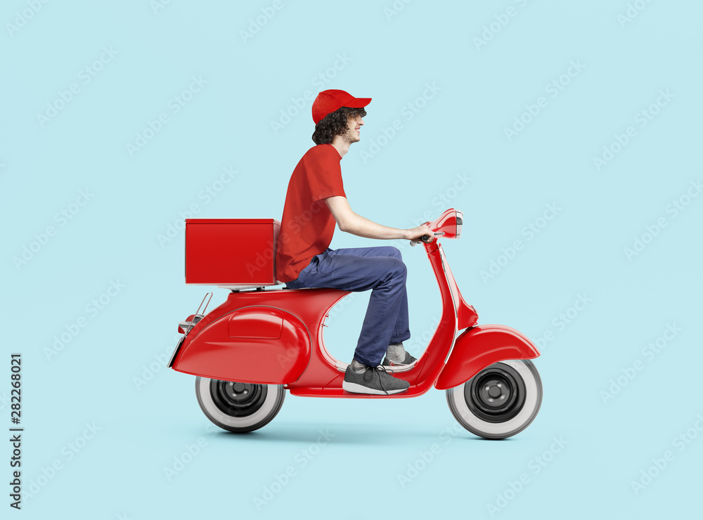 Delivery man with scooter background concept. Delivery man with scooter background concept.