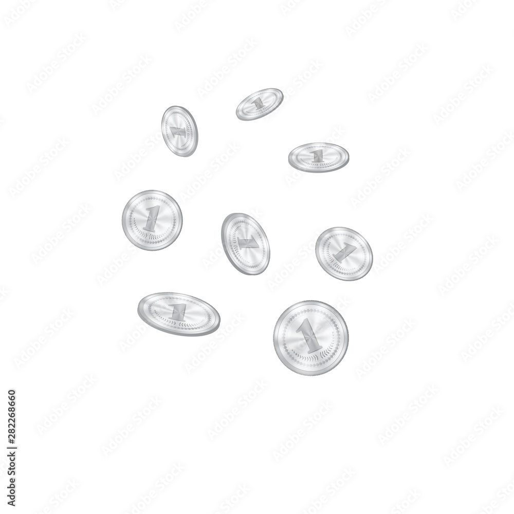 Realistic Silver Coins Falling from the Top. Grey Metal Money Isolated on White Background. Realistic Silver Coins Falling from the Top. Grey Metal Money Isolated on White Background.