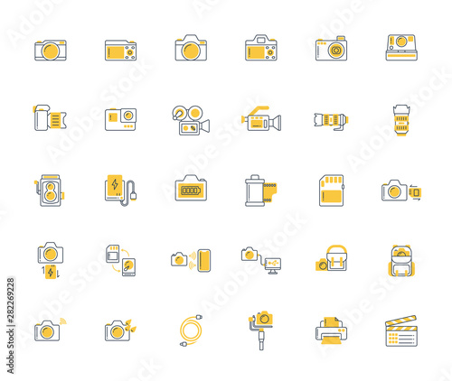 Yellow shadow design icon set of photography camera, cinema or movie camera, action camera and accessories concept.
