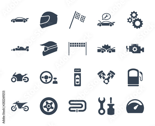 Solid or glyph design icon set of racing video game and esport concept.