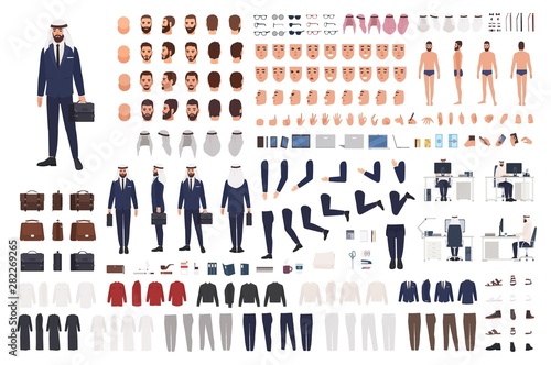 Arab businessman constructor set or creation kit. Bundle of male body parts, clothes, emotions, gestures isolated on white background. Front, side, back views. Flat cartoon vector illustration.