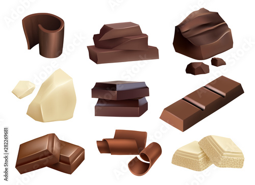 Chocolate. Sweets dessert parts of black and white chocolate vector realistic collection. Chocolate piece dark, food dessert, sweet realistic snack illustration