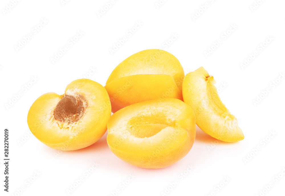 Apricot fruits with leaves isolated on white background Apricot fruits with leaves isolated on white background