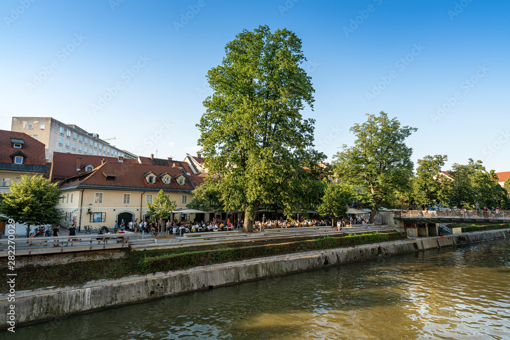 Bars on the river shore in Ljubljana