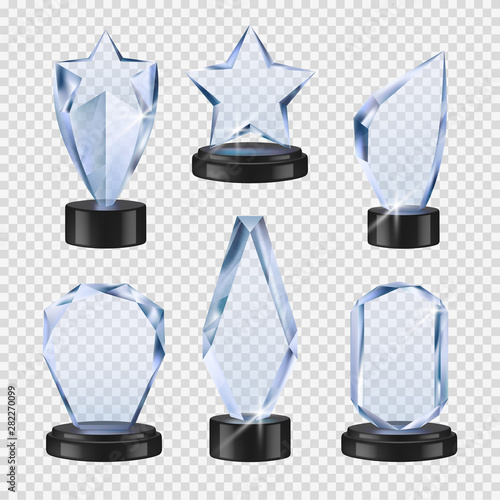 Trophies transparent. Crystal cups awards event symbols vector realistic glass winner trophies collection. Competition winner cup, crystal prize award illustration