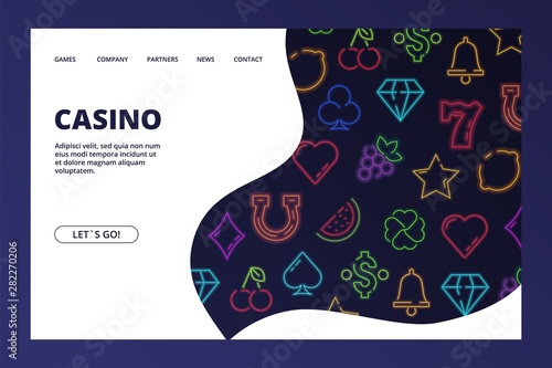 Casino landing page. Vector gambling web banner with neon icons. Gambling casino web page, game play with money illustration