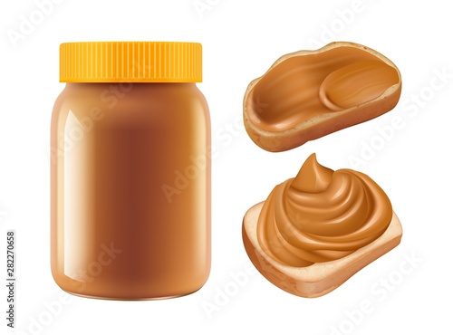 Realistic caramel. Vector caramel jar and sandwiches isolated on white background. Sweet breakfast confectionary, jar butter peanut illustration