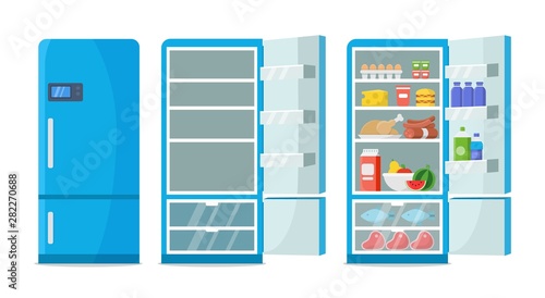Flat fridge vector. Closed and open empty refrigerator. Blue fridge with healthy food, water, meet, vegetables. Illustration fridge with food or shelf empty photo