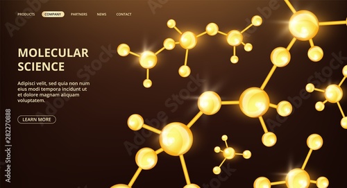 Molecular science landing page. Vector oil compound molecules web page. Scientific research cosmetology medicine banner. Illustration of science medical molecular, chemistry molecule