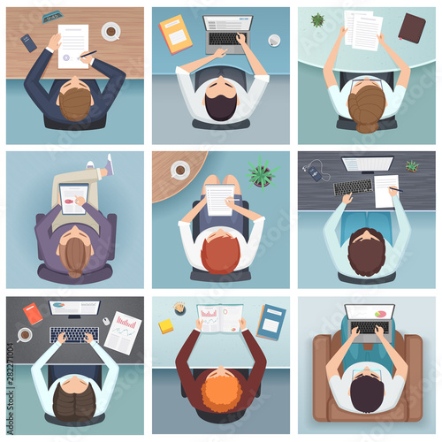 People top view. Meeting business characters desk working space vector people top view. Top view workplace, man or woman with laptop, meeting corporate worker illustration
