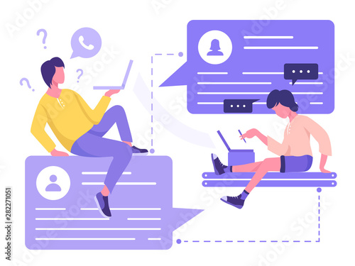 Business series,chat,modern flat vector illustration concept of people chating in the messenger and the chat app on the phone screen. Creative landing page or company support design template