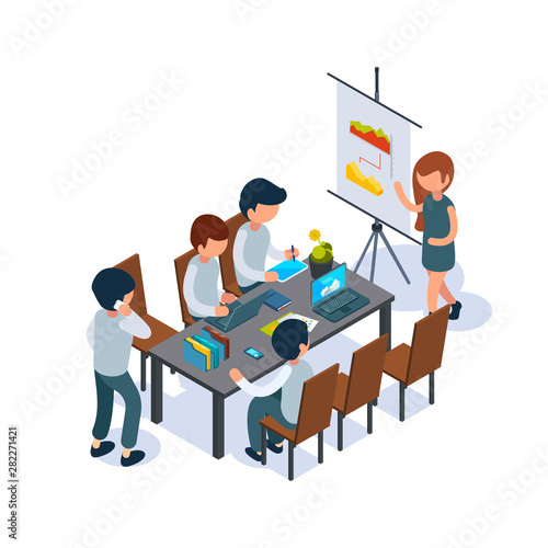 Business coaching. Conference hall person speak and pointing at flip chart managers 3d sitting at table vector isometric. Illustration of isometric conference, meeting and training