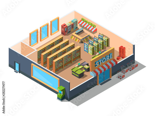 Supermarket interior. Cross section of retail market building mall with equipment and grocery sections 3d low poly isometric vector. Illustration interior supermarket, store and market