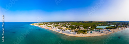 Aerial view, Italy, Puglia, Lecce, Torre Rinalda, public beach on the sea, Spiaggiabella Beach © David Brown