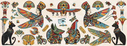 Ancient Egypt collection. Old school tattoo. Egyptian elements. God Ra, Anubis, scarab, black cats, eye Horus. Traditional tattooing style