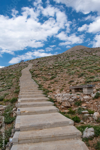 Turkey: footpath to Nemrut Dagi, Mount Nemrut, on whose summit in 62 BCE King Antiochus I Theos of Commagene built a tomb-sanctuary flanked by huge statues of him and Greek, Armenian and Median gods