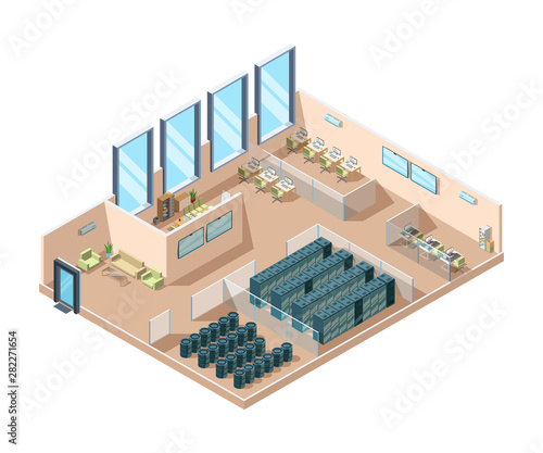 Data center. Computers server rooms interior cooling generators battery containers industrial data center building vector isometric. Server computer room, system network database illustration