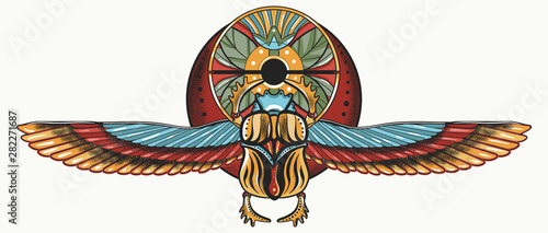 Ancient Egypt. Egyptian scarab  and wings. Color tattoo. Magic symbol of pharaoh, gods Ra and sun. Historical art, t-shirt design