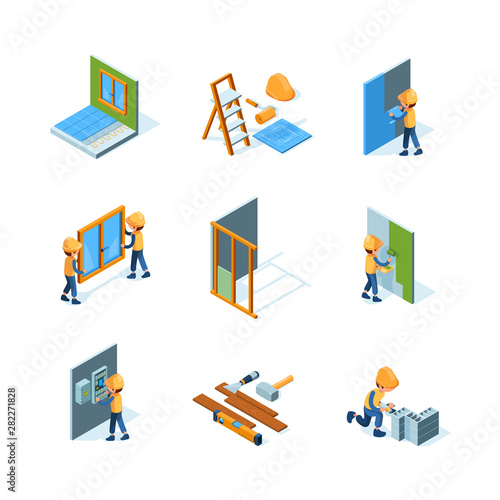 Home renovation. Worker installation new floor and walls painting flooring construct instruments vector isometric illustrations. Renovation and repair indoor interior, painting and improvement
