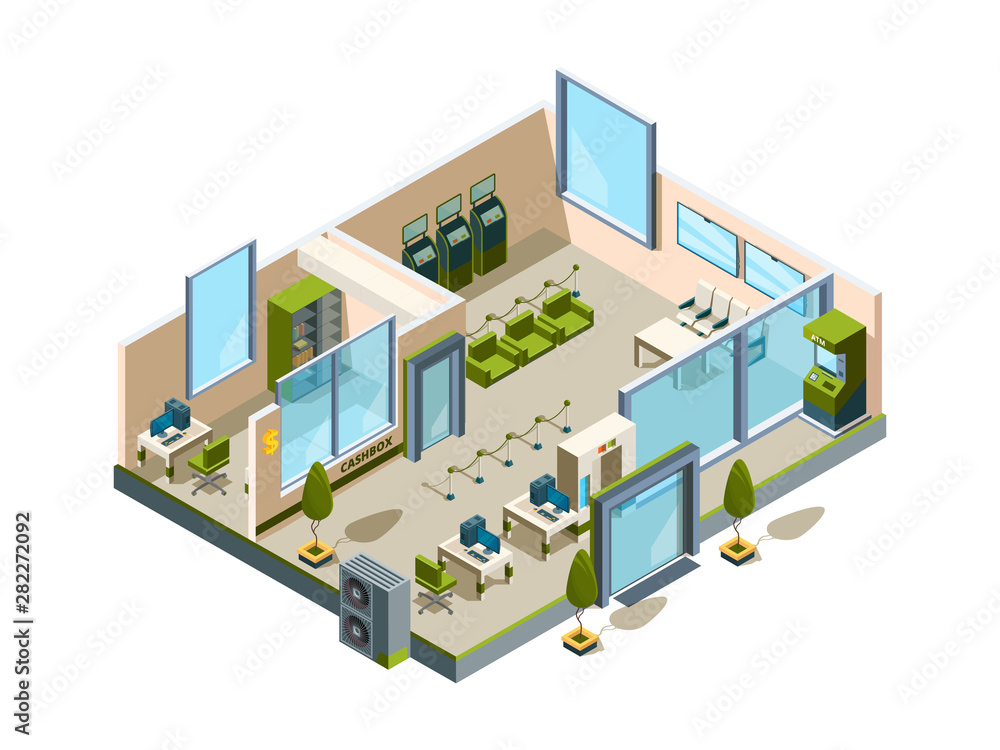 Bank isometric. Modern building interior office open space banking lobby service room for managers vector 3d low poly. Illustration isometric bank interior, office business service
