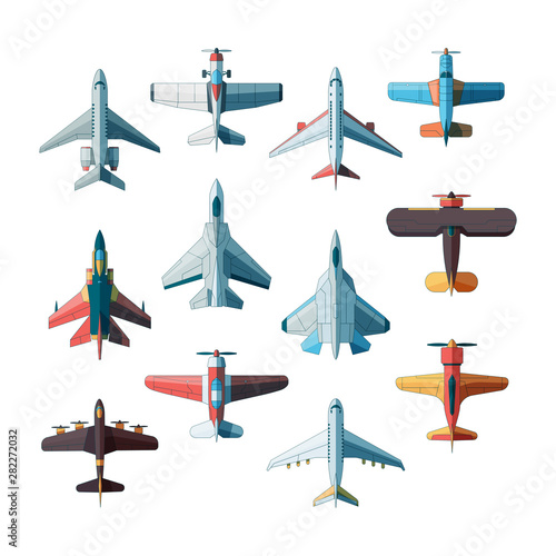 Planes top view. Jet military aircraft vector flat pictures isolated. Illustration aircraft and jet military, plane fighter, transportation aeroplane