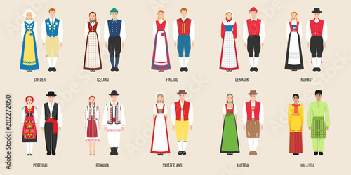 National costumes of Sweden, Iceland, Findland, Denmark, Norway, Portugal, Austrai, Romania, Switzerland, Malaysia. Vector illustration