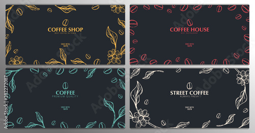 Set of Sketch banners with coffee beans and leaves on dark background for poster or another template design.