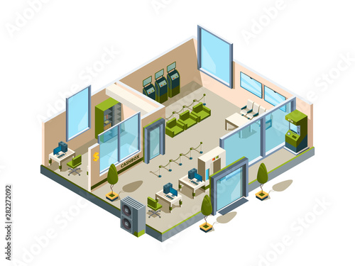 Bank isometric. Modern building interior office open space banking lobby service room for managers vector 3d low poly. Illustration isometric bank interior, office business service