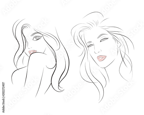 girl face long hair portrait isolated on white background. hand drawn vector illustration