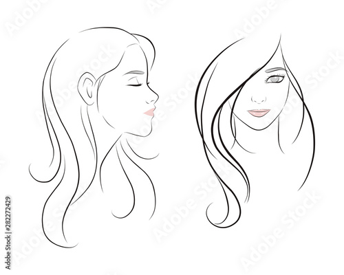 girl face long hair portrait isolated on white background. hand drawn vector illustration
