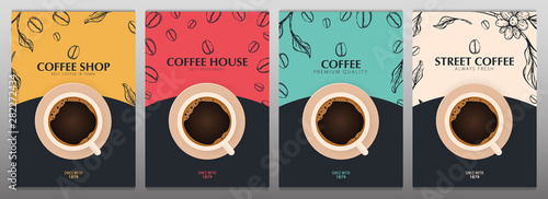 Cup of Coffee. Set of Sketch banners with coffee beans and leaves on colorful background for poster or another template design. photo