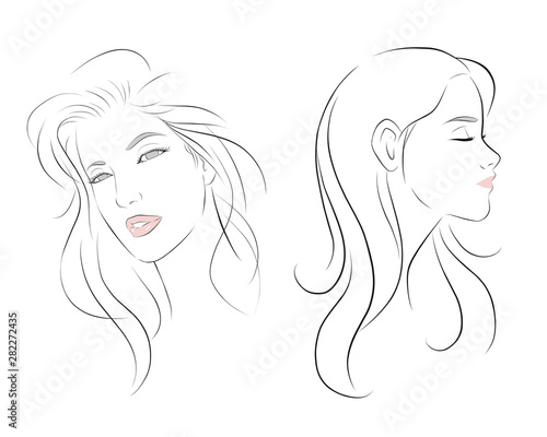 girl face long hair portrait isolated on white background. hand drawn vector illustration